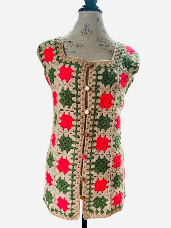 Vintage Sweaters - Vintage hand knit boho granny Square, long sweater vest, neon pink and green S/M
